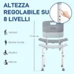 Sedia da Doccia per Bagno in Alluminio e Plastica Altezza Regolabile 8 Livelli 71-88cm Piedini Antiscivolo - immagine 9