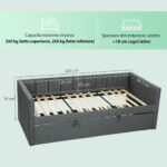 Letto Singolo con Secondo Letto Estraibile, Rivestimento in Tessuto e Braccioli, 205x181x70 cm, Grigio Scuro - immagine 3