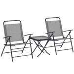 Set da Giardino con Tavolo con Piano in Vetro e 2 Sedie Pieghevoli con Schienale Regolabile, Grigio