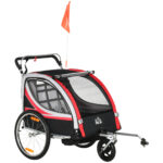 Rimorchio Bici per Bambini e Passeggino, Design 2 in 1 con Freno, Cintura a 5 Punti, Carrello Rimorchio per Bicicletta con Tasche Laterali, Catarifrangenti e Bandierina, Rosso