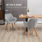 Set 2 Sedie per Sala da Pranzo Imbottite in Velluto con Braccioli e Gambe in Legno, Grigio - immagine 4