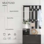 Mobile da Ingresso Appendiabiti con Scarpiera e Specchio, in Truciolato, 90x10x102 cm, Nero - immagine 4
