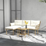 Set da Giardino 3pz con Chaise Longue, Divanetto, Cuscini e Tavolino, in Rattan e Acciaio, Bianco Crema e Legno - immagine 2