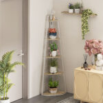 Libreria Angolare a 5 Ripiani con Struttura Pieghevole e Piedini Regolabili, Colore Legno - immagine 2