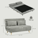 Divano Letto Matrimoniale con Schienale Regolabile e 2 Cuscini, in Tessuto Effetto Lino Grigio - immagine 3