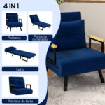 Poltrona Letto 3 in 1 con Schienale Reclinabile e Cuscino, in Tessuto Effetto Velluto, 63x73x81 cm, Blu - immagine 4