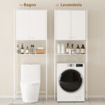 Mobile Bagno Sopra WC e Lavatrice con Armadietto e Ripiano Aperto, 64x20x180 cm, Bianco - immagine 6