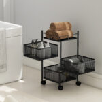 Carrello Cucina a 3 Livelli con Cestini in Metallo Girevoli, Ruote e Freno, 27,5x27,5x62 cm, Nero - immagine 9