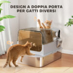 Lettiera per Gatti Chiusa XXL in Acciaio Inox, Coperchio Apribile a 90° e Doppie Porte, 70x50x46,5 cm, Grigio - immagine 6