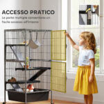 Gabbia per Piccoli Animali a 4 Livelli con Rampe, Piattaforme, Amaca e Ruote, 52x52x115 cm, Grigio - immagine 6
