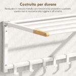 Portasciugamani a Parete Pieghevole con 5 Barre e 6 Ganci in Legno e Acciaio, 60x32,5x20 cm, Bianco - immagine 6