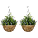 Set 2 Piante Finte di Lavanda con Vaso e Gancio, in PE e Vimini, Ø25x34 cm, Verde e Viola