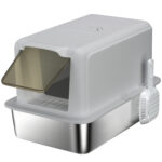 Lettiera per Gatti Chiusa con Vassoio in Acciaio, Paletta e Filtri, 40,5x60,5x41,5 cm, Grigio e Argento