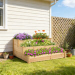 Letto per Orto Rialzato a 3 Livelli in Legno Naturale, Fioriera da Esterno per Piante, 120x120x56cm - immagine 9