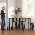 Set da Bar 6 Pezzi con 4 Sgabelli da Bar e 2 Tavoli Alti in Legno Truciolato e Acciaio per Cucina e Soggiorno, Grigio - immagine 8