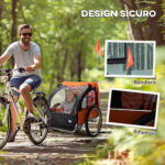 Rimorchio Bici Bambini con 2 Posti, 2 Cinture di Sicurezza, Telaio in Acciaio e Copertura in Tessuto Oxford Arancione - immagine 8