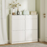 Scarpiera Slim in Legno con 4 Cassetti a Ribalta e 2 Cassetti Scorrevoli, 98x19,2x95,3 cm, Bianco - immagine 9