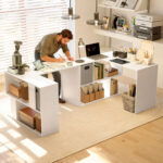 Scrivania Angolare Moderna con Scaffale e Cassetto in Tessuto, 110x1x75 cm, Bianco - immagine 8