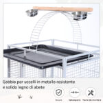 Voliera per Uccelli con Ruote Altezza 161,5cm, Vaschette in Acciaio e Trespoli in Legno, Argento - immagine 7