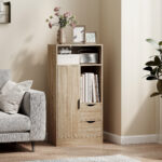 Mobile Bagno Salvaspazio Slim con 2 Cassetti, Ripiani e Armadietto, 50x25x1 cm, Legno Naturale - immagine 8