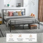Struttura Letto Matrimoniale in Acciaio 160x2cm con Doghe, Testiera e Pediera - Nero - immagine 5