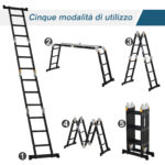 Scala in Alluminio 5 in 1 Nera per Interni ed Esterni, Carico Massimo 150kg, 370x61x11 cm - immagine 4