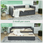 Letto Singolo con Secondo Letto Estraibile, Rivestimento in Tessuto e Braccioli, 205x181x70 cm, Grigio Scuro - immagine 4