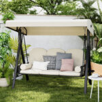 Dondolo da Giardino 3 Posti in Metallo, Dondolo da Esterno con Tetto Inclinabile e Cuscini Imbottiti, 208x121x172 cm, Beige - immagine 2