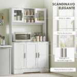 Mobile Dispensa con 4 Armadietti, 2 Ripiani Aperti e Piano da Lavoro, in Legno e Vetro, 108x35x180 cm, Bianco - immagine 6