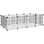 Recinto per Animali Modulabile con 12 Pannelli 35x35 cm e Bordi Arrotondati, in Metallo e ABS, 140x70x35 cm, Nero