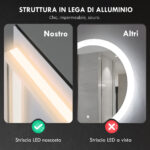 Specchio da Bagno Anticondensa con Luminosità e Colore Regolabili, in Vetro e Lega di Alluminio, 80x60x4 cm - immagine 8