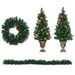 Decorazioni Natalizie, Set 4 Pezzi con 2 Alberelli di Natale Φ40x90 cm, Ghirlanda Natalizia e Corona di Natale