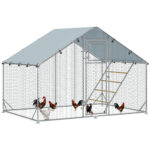 Recinto per Galline da 6m² per 6-8 Animali con Tetto Impermeabile, Mangiatoia e Posatoio, 3x2x1,9m, Argento