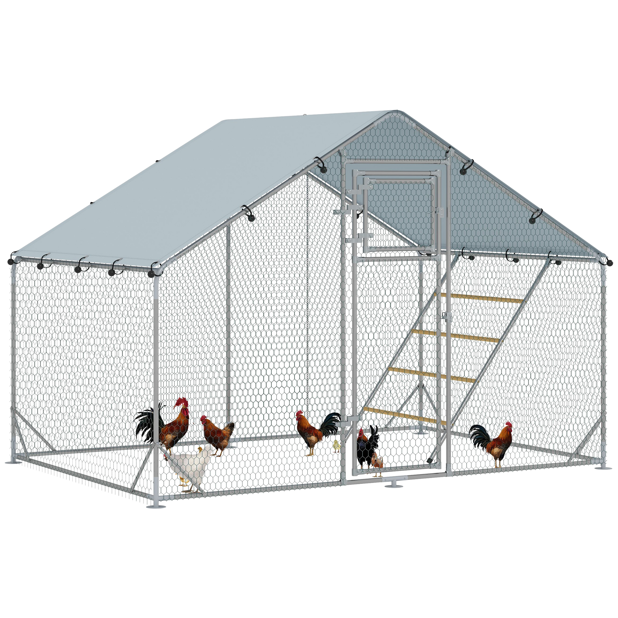 kkN0e519494e5c239.jpg Recinto per Galline da 6m² per 6-8 Animali con Tetto Impermeabile, Mangiatoia e Posatoio, 3x2x1,9m, Argento - immagine 1