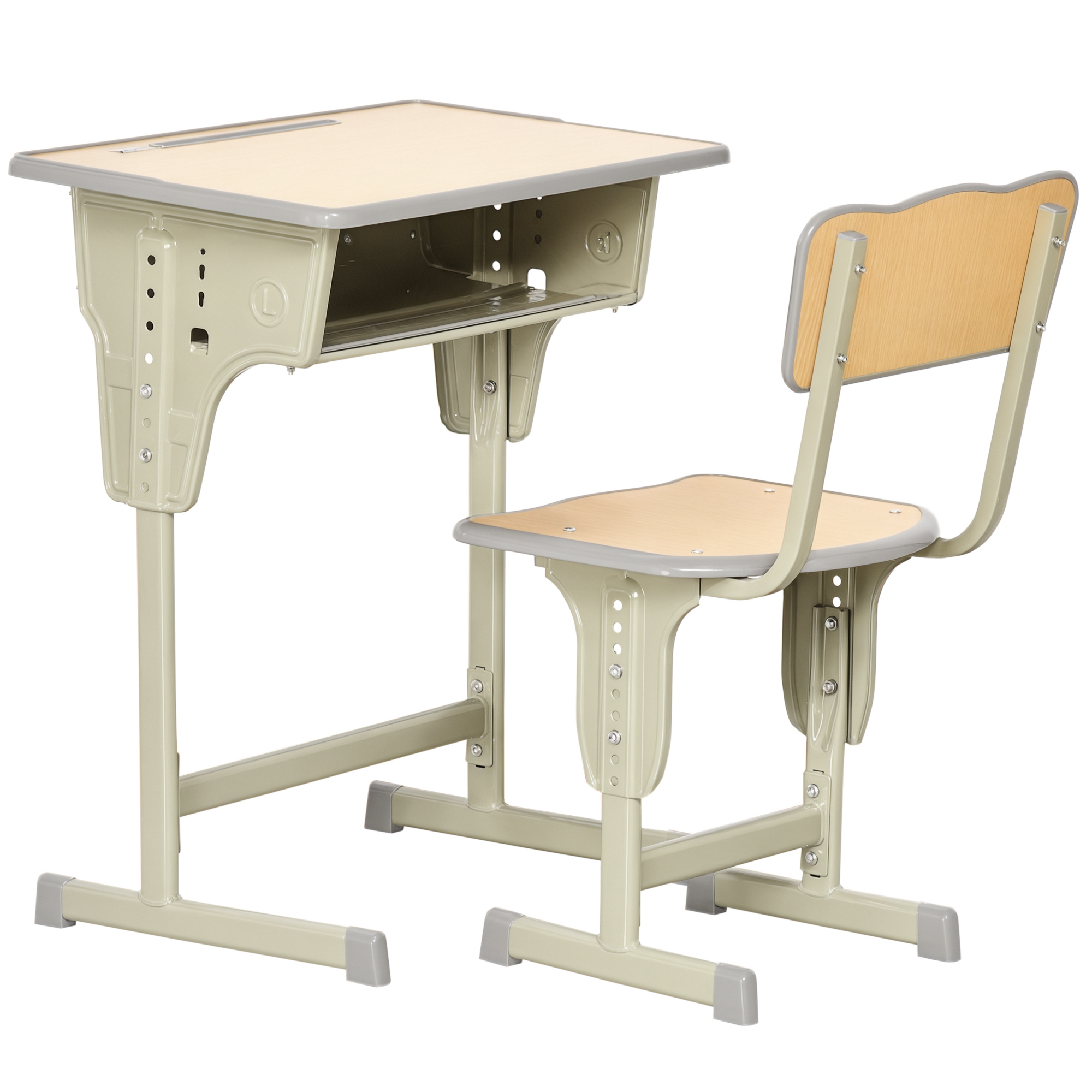 km3978197f54c6660.jpg Banco Scuola con Sedia per Bambini 6-12 Anni, Scrivania per Bambini con Altezza Regolabile, Vano Contenitore e Portapenne, Acciaio e MDF, Color Legno - immagine 1