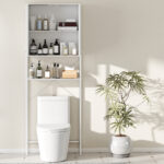 Mobile Bagno Sopra WC e Lavatrice con Armadietto e Ripiano Aperto, 64x20x180 cm, Bianco - immagine 7