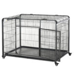 Kennel Gabbia per Cani Pieghevole a Doppia Porta con Blocco, Box per Cani con 4 Ruote con Freno e Fondo Rimovibile, 125x76x81cm, Grigio Scuro