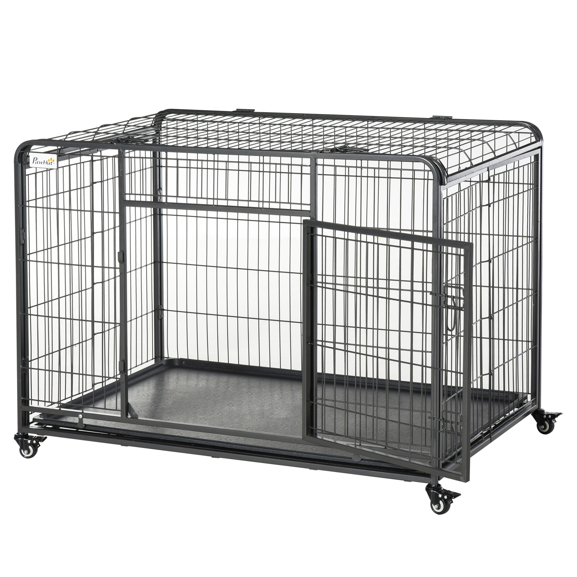 ktte9c19492d37de5.jpg Kennel Gabbia per Cani Pieghevole a Doppia Porta con Blocco, Box per Cani con 4 Ruote con Freno e Fondo Rimovibile, 125x76x81cm, Grigio Scuro - immagine 1