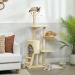 Torre per Gatti con Casetta, Trespolo, Piattaforme e 4 Topolini Appesi, 60x35x134 cm, Beige - immagine 2
