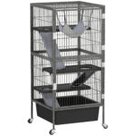 Gabbia per Piccoli Animali a 4 Livelli con Rampe, Piattaforme, Amaca e Ruote, 52x52x115 cm, Grigio