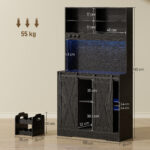 Credenza da Cucina Alta Stile Rustico con 2 Armadietti, Portabottiglie, Prese di Ricarica e Luci LED, Nero - immagine 3