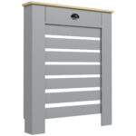 Copritermosifone in MDF a Doghe, Copricalorifero a Griglia con Cassetto, 78x19x95,5 cm, Grigio