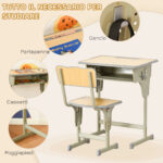 Banco Scuola con Sedia per Bambini 6-12 Anni, Scrivania per Bambini con Altezza Regolabile, Vano Contenitore e Portapenne, Acciaio e MDF, Color Legno - immagine 5