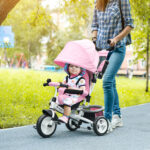 Triciclo per Bambini 1-5 Anni con Maniglione e Tettuccio Regolabile, 102x49x102 cm, Bianco e Rosa - immagine 2