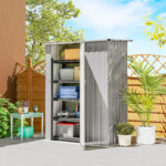 Capanno Porta Attrezzi in Metallo con Tetto Inclinato e Porta Bloccabile, 142x86x189 cm, Argento - immagine 2