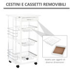 Carrello Isola da Cucina Salvaspazio in Legno di Pino, Carrello Portavivande con 4 Ruote Cassetto 3 Cesti Estraibili Portafrutta, Bianco - immagine 6