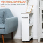 Carrello Salvaspazio Multiuso in Legno MDF e Ruote, 42,5x20,3x66,7cm, Bianco - immagine 6