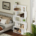 Libreria Asimmetrica a S a 5 Livelli con 10 Ripiani Aperti, in Legno, 80x24x159 cm, Bianco - immagine 8