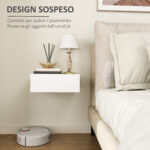 Comodino Sospeso Moderno con Cassetto, in Legno, 40x30x15 cm, Bianco - immagine 4