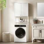 Mobile Bagno Sopra WC e Lavatrice con Armadietto e Ripiano Aperto, 64x20x180 cm, Bianco - immagine 8